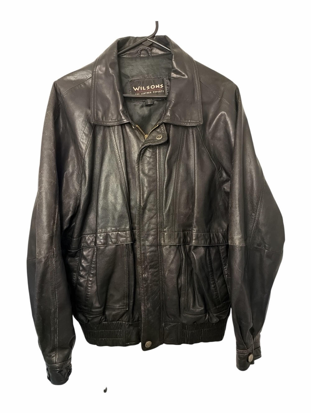 Wilson Black Leather Bomber Jacket with Snap & Zip Front